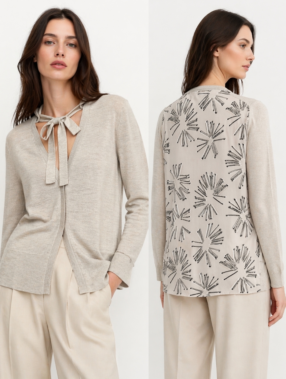Akris Punto Cream Wool Silk Matchstick Print Cardigan Sweater